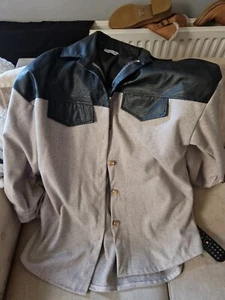 New No Tags Herringbone Beige Shacket With Faux Leather Collar And Shoulder... - Picture 1 of 6