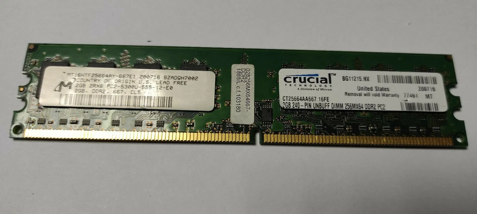 CRUCIAL 2GB 240 – PIN UNBUFF DIMM 256X64 DDR2 PC2 CT25664AA667.16FE - Immagine 1 di 1