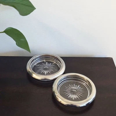 Vintage Leonard Coasters Crystal And Silverplate Italy Coaster (Set of 2)  - Image 1 of 4
