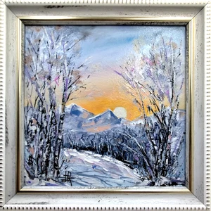 Original Ölgemälde Winterlandschaft kleines gerahmtes Gemälde 6x6 Zoll bestes Geschenk - Bild 1 von 9