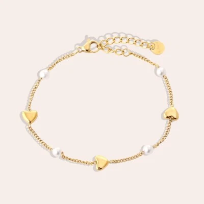 Damen Armband 17cm herz und perlen edelstahl vergoldet  Geschenk Idee Geburtstag - Bild 1 von 2