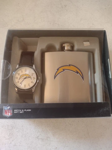 NFL Chargers Men's Leather Watch And Flask Set-NIB Cover