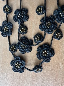 Crochet Flower Necklace 29" Black w/ gold seed beads - Picture 1 of 5