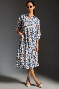 Anthropologie Maeve The Bettina Tiered Shirt Dress Buttondown Sapphire XSP XS P - Picture 1 of 6