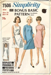 SIMPLICITY 7506 1960's Basic Dress Sewing Pattern. Size 16 - Bust 38". - Picture 1 of 2