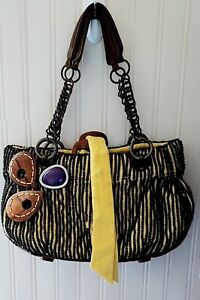 Jamin Puech Purse Bag Brown Beads Yellow Cotton Patent Leather & Chain Handle