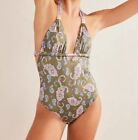 Boden Beaded Gather Halter Swimsuit Size 6 Khaki Paisley One Piece Tie Back New