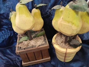 2 Wooden Sculptured Pears In Wooden Planters Hand Carved Decorative - Picture 1 of 6