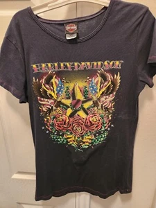 Harley- Davidson Women's Black T-Shirt XL Crew NeckShory Sleeves - Picture 1 of 2