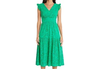 Nuevo Vestido Midi Talla 12 Maggy London Verde Algodón Ojales en Niveles - Imagen 1 de 2