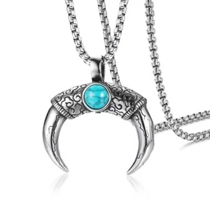 Silver Celtic Turquoise Horn Pendant Necklace Chain 24" Men's Jewelry Gift - Picture 1 of 4