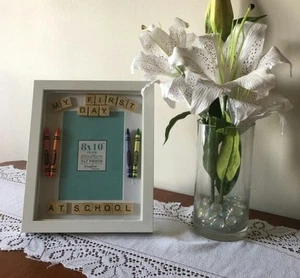 personalised My First Day at School Scrabble Frame gift with crayons - Picture 1 of 2