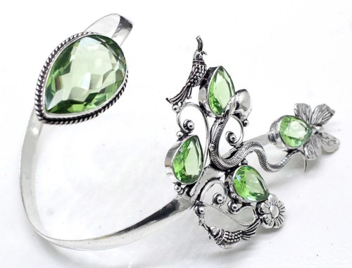 VALENTINO 925 Sterling Silver Green Amethyst Gemstone Jewellery Cuff Bracelet Size ADJ