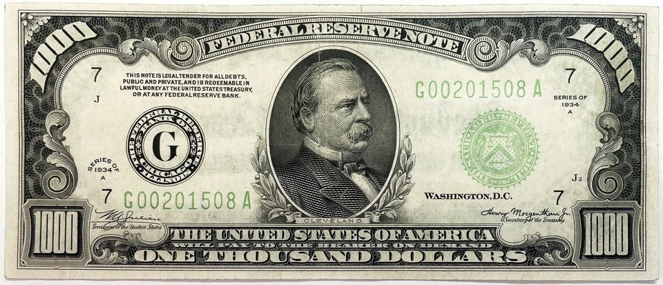 1934 A $1000 CHICAGO FEDERAL RESERVE GA BLOCK CIRC NOTE FR#2212-G - Image 1 of 2