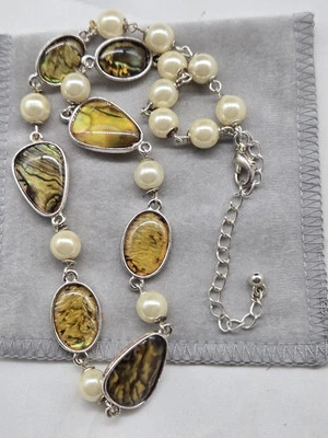 Adjustable Necklace Mother Of Pearl Mop Inlay Faux Pearls Silvertone Metal Chain - Image 1 of 4