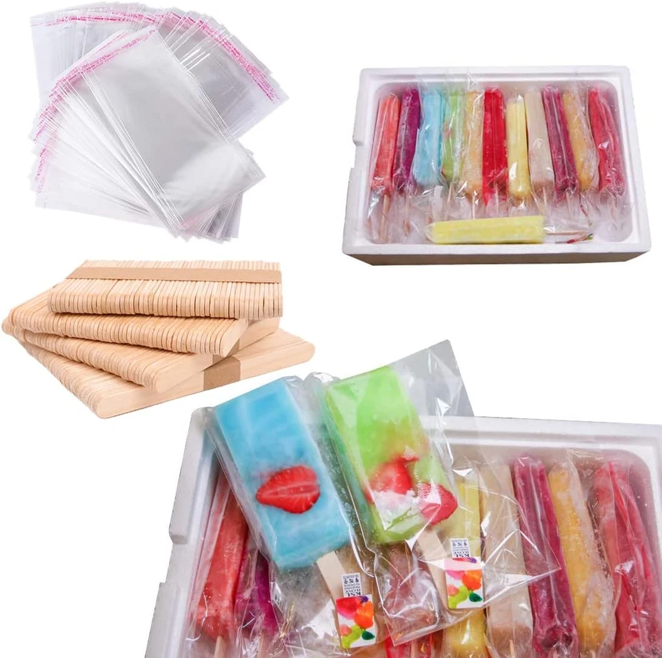 Juego de 400 palos de helado y 200 bolsas de celofán autosellantes transparentes Foto 1 de 4