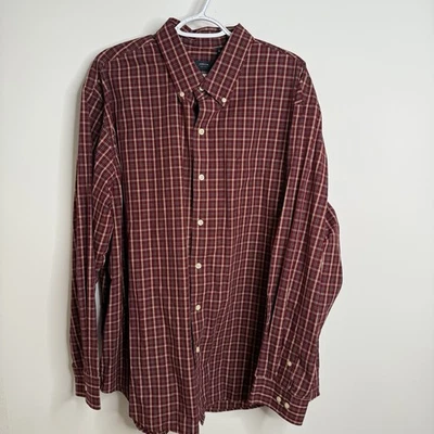 Arrow Men’s XXL Burgundy, Tan And White Plaid Long Sleeve Button Down Shirt - Image 1 of 4