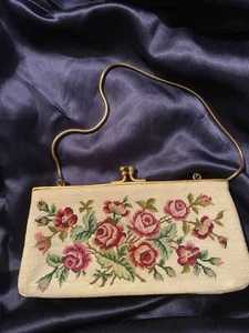 Vintage 50er Jahre Needlepoint Handtasche Handtasche Clutch Petit Point Floral NIE BENUTZT - Bild 1 von 14