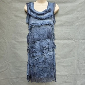 Made In Italy Blue 100% Silk Ruffles Layered Tiered Dress Boho M Western Country - Picture 1 of 5