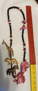 Beaded Animal Folk Art Necklace Wooden Animals Sea Shells African Style - Picture 1 of 7