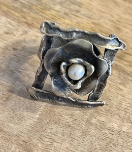 Tibet glänzende handwerklich gefertigte Süßwasserperlen verstellbar .925 Sterling Ring - Bild 1 von 7
