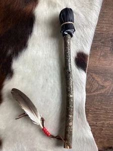 Native American 12 inch ceremonial hand drum stick/beater w/4 red beads/feather - Picture 1 of 5