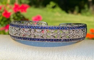Sterling Silver Blue Sapphire & White Diamond Art Deco Style Hinged Cuff Bangle - Picture 1 of 11