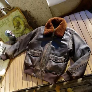 Mens Distressed Tea-core Cowhide Retro Flight Bomber Jacket Removable Collar - Picture 1 of 13