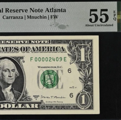 2017A $ Federal Reserve Note PMG 55EPQ - Four-Digit Fancy Serial Number 00002409 - Image 1 of 3
