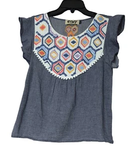 ENVY Embroidered Boho Top Flutter Sleeves SMALL Peasant Pleated Cotton Blend - Picture 1 of 5