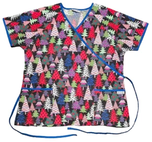 UA Scrubs Colorful Christmas Trees Scrub Top w/ Pockets! Large - Picture 1 of 3