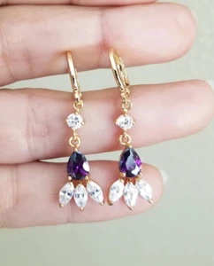 Purple Crystal Gold 14K Plated Flower Crystal Dangle Earrings JO - Picture 1 of 4