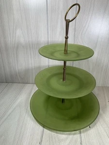 MCM 3 Ebenen Grün Glas Servieren Leckerbissen Tablett Ständer Teller Starburst Floral Geätzt - Bild 1 von 10