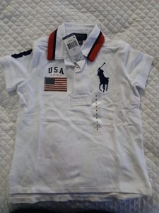 Polo Ralph Lauren Boys 5T White USA Polo Navy Blue Horse Emblem American Flag - Picture 1 of 5