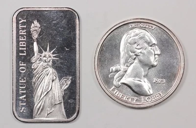 Barra de plata Liberty Lobby 1973 Ag: 2 oz + Estatua Liberty Madison Mint Foto 1 de 2