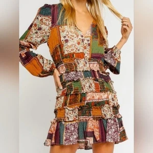 VESTIQUE Boho Patchwork Dress L NWT Long Sleeves Mini Bohemian - Picture 1 of 10