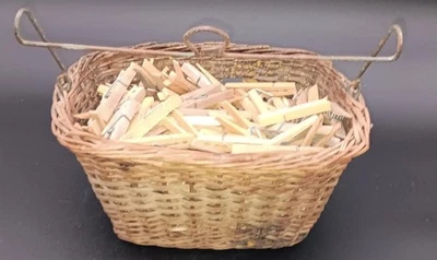 Antique~Primitive~Vintage Wicker Hanging Clothespin Basket with Handle - Image 1 of 4
