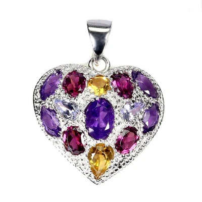 Pendente Ovale In Argento Sterling 925 Con Gemme Di Ametista Citrino E Tanzanite - Immagine 1 di 4