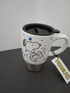 Taza de café de viaje Peanuts Snoopy blanca, cerámica azul, acero inoxidable 15 oz - Imagen 1 de 3