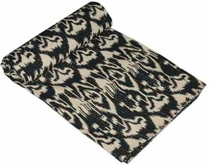 Queen Ikat Print Summer Black Boho Kantha Quilt Cotton Throw Dorm D?cor Blanket - Picture 1 of 4