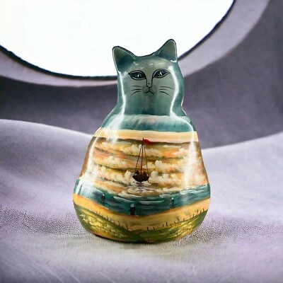 Jarrón de cerámica Gantz pintado a mano gato con escena de playa barco mar jardinera como está Foto 1 de 4