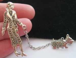 Vintage Art Deco Style, Sterling Silver 925 Brooch, Lady walking Scottie Dog - Picture 1 of 5