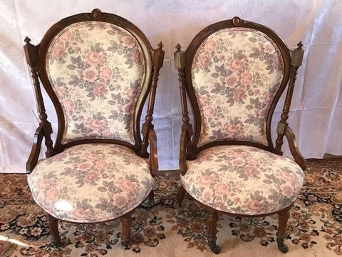 Parlor Antique Chairs Victorian Chair Set Carved Pair Walnut Eastlake Style Side Cover