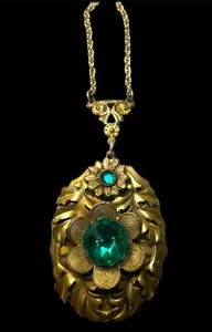 Halskette WHITING DAVIS JUGENDSTIL vergoldet Eichenblatt grünes Glas - Bild 1 von 4