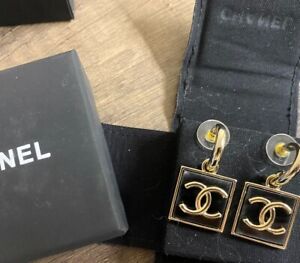 Authentic Chanel Black Enamel & Gold Tone Dangle Earrings