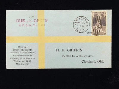 NY NEW YORK GPO MAY 29 1926 FDC #628 GRIFFIN CACHET, DUE 5¢ - Image 1 of 2