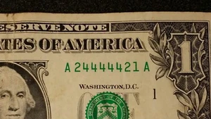 $1 One Dollar Bill 2013 Fancy Repeater Trinary 5 "4"s Dual A's A24444421A - Picture 1 of 4