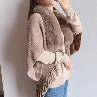 Women Knitted Poncho Shawl Cape Faux Fur Collar Wrap Warm Winter Cloak Top - Image 1 of 4