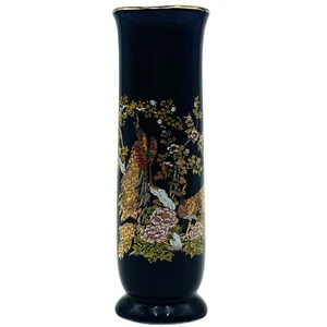 Cobalt Blue Ceramic Vase Peacocks Japan MCI w Pink Flowers Hand Decorated 7” - Picture 1 of 12