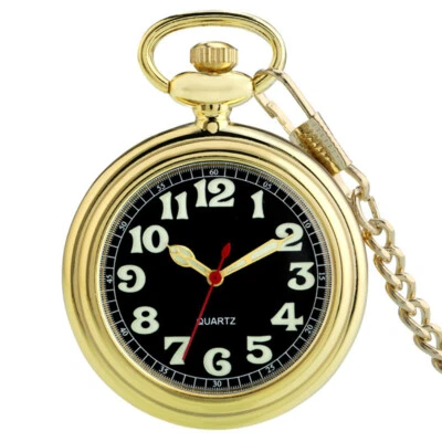 Mens Quartz Pocket Watch Fob Chain Gold Silver Black Arabic Number Luminous Dial - Image 1 of 4